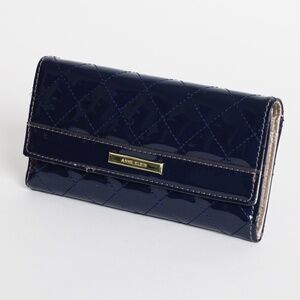 Anne Klein Navy Blue Diamond Pattern Patent Vegan Leather Trifold Wallet